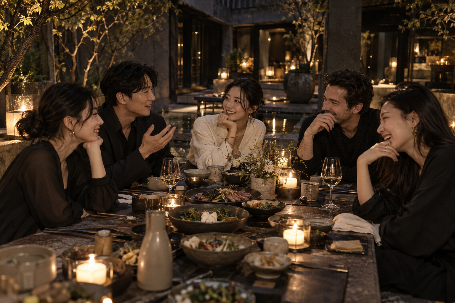 Fictional friends sharing conversation at a candlelit Seoul courtyard dinner.